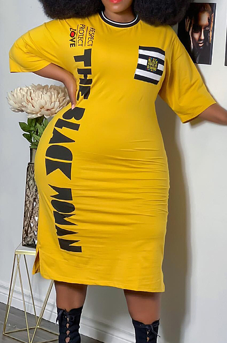Yellow Big Yards Casual Letter Printing Short Sleeve Round Neck Slit T-Shirts Long Dress YFS10007-4