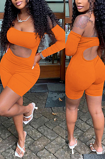 Orange Night Club Off Shoulder Single Sleeve Condole Belt Backless Hollow Out Slim Fitting Romper Shorts DR88119-2