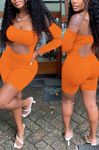 Orange Night Club Off Shoulder Single Sleeve Condole Belt Backless Hollow Out Slim Fitting Romper Shorts DR88119-2