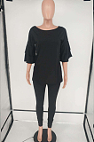 White New Women Ruffle Sleeve Round Collar Loose T-Shorts Bodycon Pants Solid Color Sets HXY8034-1