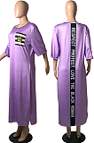 White Big Yards Casual Letter Printing Short Sleeve Round Neck Slit T-Shirts Long Dress YFS10007-1