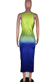 Multicolor Women Sleeveless Fashion Printing Gradient Long Dress SMY8020-1