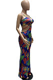 Black Women Condole Belt Casual Digital Printing Dew Waist Sexy Long Dress WMZ2649-1