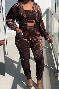 Coffee Wholesal New Elastic Band Strapless Long Sleeve Hooded Zipper Coat Drawsting Pencil Pants Three-Piece HG136-3