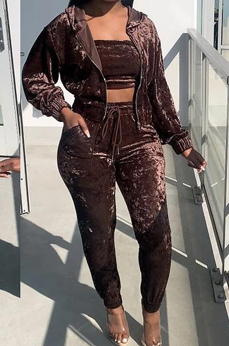 Coffee Wholesal New Elastic Band Strapless Long Sleeve Hooded Zipper Coat Drawsting Pencil Pants Three-Piece HG136-3