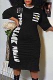 White Big Yards Casual Letter Printing Short Sleeve Round Neck Slit T-Shirts Long Dress YFS10007-1