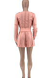 Ling Blue Cotton Blend Long Sleeve Round Collar Top High Waist Mini Skirts Solid Color Two-Piece HG135-2