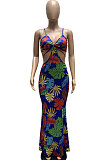 Black Women Condole Belt Casual Digital Printing Dew Waist Sexy Long Dress WMZ2649-1