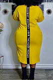 Black Big Yards Casual Letter Printing Short Sleeve Round Neck Slit T-Shirts Long Dress YFS10007-2