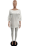 White New Women Ruffle Sleeve Round Collar Loose T-Shorts Bodycon Pants Solid Color Sets HXY8034-1