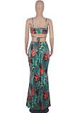 Blue Women Condole Belt Casual Digital Printing Dew Waist Sexy Long Dress WMZ2649-2