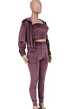 Coffee Wholesal New Elastic Band Strapless Long Sleeve Hooded Zipper Coat Drawsting Pencil Pants Three-Piece HG136-3