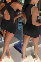 Black Night Club Cotton Blend Sleeveless Strapless Hollow Out Tight Solid Color Drawsting Mini Dress DR8105-3