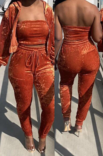 Orange Wholesal New Elastic Band Strapless Long Sleeve Hooded Zipper Coat Drawsting Pencil Pants Three-Piece HG136-1