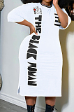 Black Big Yards Casual Letter Printing Short Sleeve Round Neck Slit T-Shirts Long Dress YFS10007-2