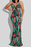 Blue Women Condole Belt Casual Digital Printing Dew Waist Sexy Long Dress WMZ2649-2
