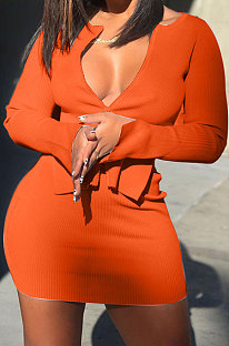 Orange Women Sexy Pure Color Double Zippers Elastic Long Sleeve Casual Skirts Sets AB6656-3