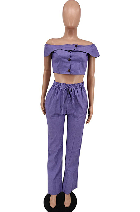 Light Blue Wholesal Women A Wrod Shoulder Single-Breasted Strapless Top Hight Waist Loose Pants Jeans Sets HXY8036-2
