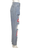 Red Casual Love Printing Hole Hollow Out Slim Fitting High Waist Jeans Shift Pants SX02349-1