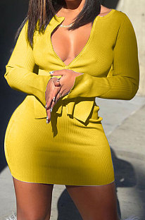 Yellow Women Sexy Pure Color Double Zippers Elastic Long Sleeve Casual Skirts Sets AB6656-2