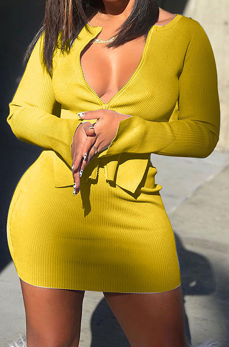 Yellow Women Sexy Pure Color Double Zippers Elastic Long Sleeve Casual Skirts Sets AB6656-2