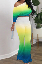 Yellow Green Casual Gradient Batwing Long Sleeve Dew Waist Top Slim Fitting Flare Pants Sets HXY8037-3