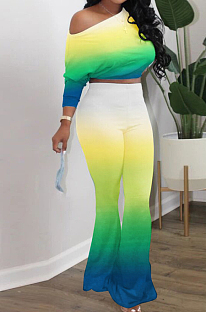 Yellow Green Casual Gradient Batwing Long Sleeve Dew Waist Top Slim Fitting Flare Pants Sets HXY8037-3