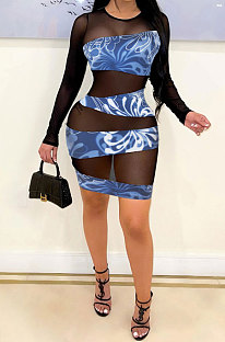 Dark Blue Printing Mesh Spaghetti Spliced Perspectivity Long Sleeve Round Neck Club Mini Dress WMZ2652-1