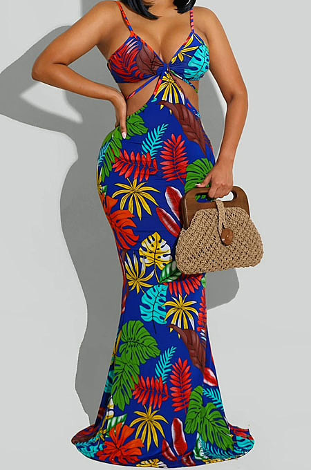 Blue Women Condole Belt Casual Digital Printing Dew Waist Sexy Long Dress WMZ2649-2
