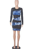 Purple Printing Mesh Spaghetti Spliced Perspectivity Long Sleeve Round Neck Club Mini Dress WMZ2652-4