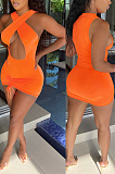 Yellow Night Club Cotton Blend Sleeveless Strapless Hollow Out Tight Solid Color Drawsting Mini Dress DR8105-2