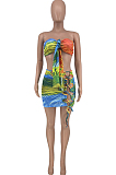 Red Sexy Positioning Printing Strapless Bandage Hollow Out Hip Mini Skirts Sets HG132-2