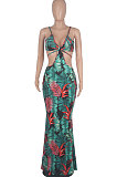 Black Women Condole Belt Casual Digital Printing Dew Waist Sexy Long Dress WMZ2649-1