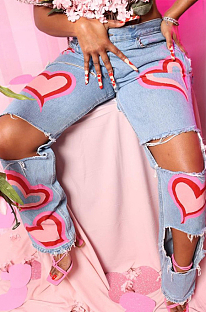 Pink Casual Love Printing Hole Hollow Out Slim Fitting High Waist Jeans Shift Pants SX02349-2