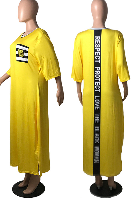 White Big Yards Casual Letter Printing Short Sleeve Round Neck Slit T-Shirts Long Dress YFS10007-1
