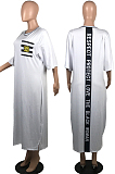White Big Yards Casual Letter Printing Short Sleeve Round Neck Slit T-Shirts Long Dress YFS10007-1