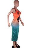 Multicolor Women Sleeveless Fashion Printing Gradient Long Dress SMY8020-2