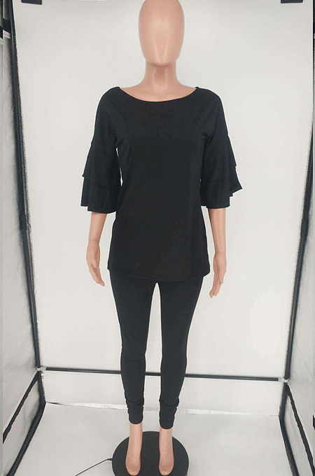 Peacock Blue New Women Ruffle Sleeve Round Collar Loose T-Shorts Bodycon Pants Solid Color Sets HXY8034-3