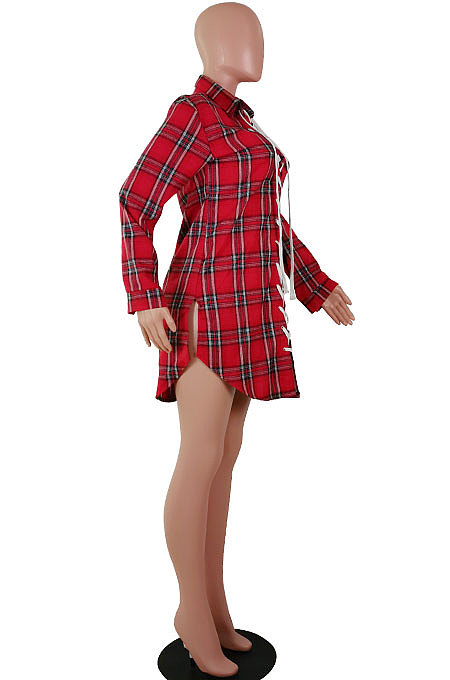 Multicolor Fashion Casual Long Sleeve Plaid Shirts Dress SMY8042