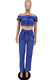 Dark Blue Wholesal Women A Wrod Shoulder Single-Breasted Strapless Top Hight Waist Loose Pants Jeans Sets HXY8036-1