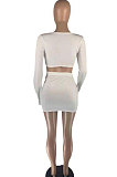 Orange Women Sexy Pure Color Double Zippers Elastic Long Sleeve Casual Skirts Sets AB6656-3