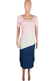Cyan Summer Spliced Short Sleeve Round Neck T-Shirts Slim Fitting Long Dress HXY8025-2