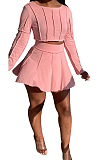 Ling Blue Cotton Blend Long Sleeve Round Collar Top High Waist Mini Skirts Solid Color Two-Piece HG135-2