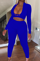 Blue Wholesal Long Sleeve Low-Cut Cross Hollow Out Bodycon Pants Solid Color Two-Piece NRS8078-3