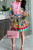 Pink Print Lapel Neck Button Long Sleeve Shirt Mid Waist Pleated Skirts Sets CM2149-1