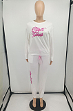 Yellow Cotton Blend Letter Printing Long Sleeve Round Neck Fleece Long Pants With Pocket Sports Sets HXY8038-2