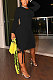 Black Women Round Neck Long Sleeve Solid Color Shirred Detail Bodycon Mini Dress ATE65008-2