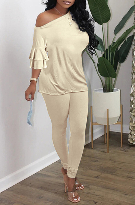 Beige Summer New Flare Half Sleeve Loose Top Bodycon Pants Solid Color Casual Sets HXY8056-2