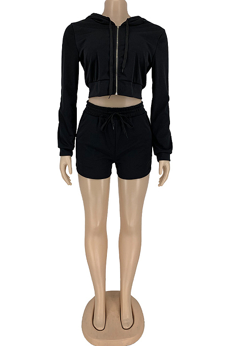 Pink Autumn And Winter Long Sleeve Hoodie Zippet Dew Waist Coat Shorts Sports Sets DN8628-3