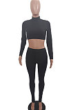 Wine Red Women Soft Ribber Sexy Pure Color Tight Dew Waist Pants Sets BLE2171-3